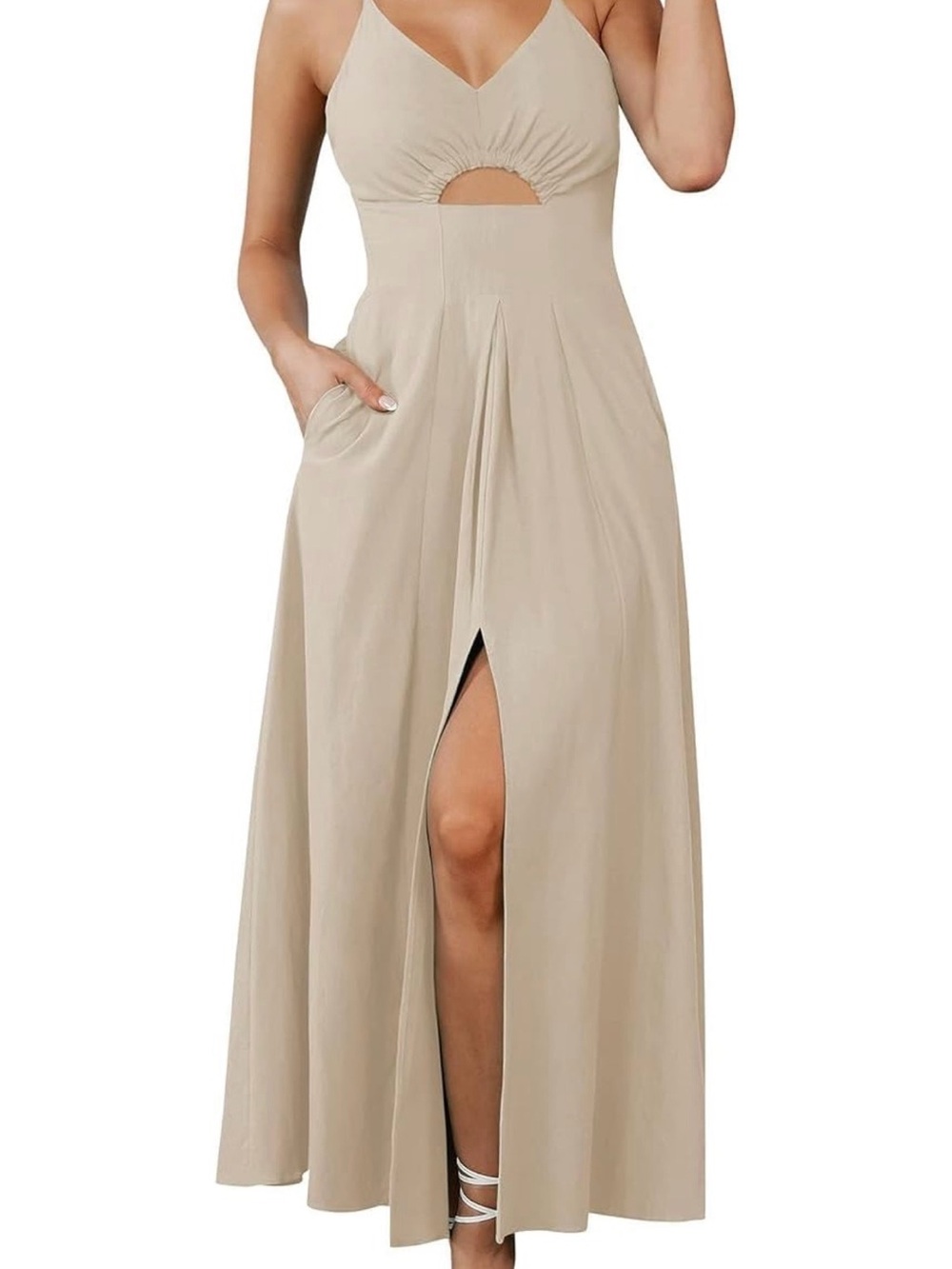 Beige Spaghetti-Strap Maxi Dress with Front Slit
